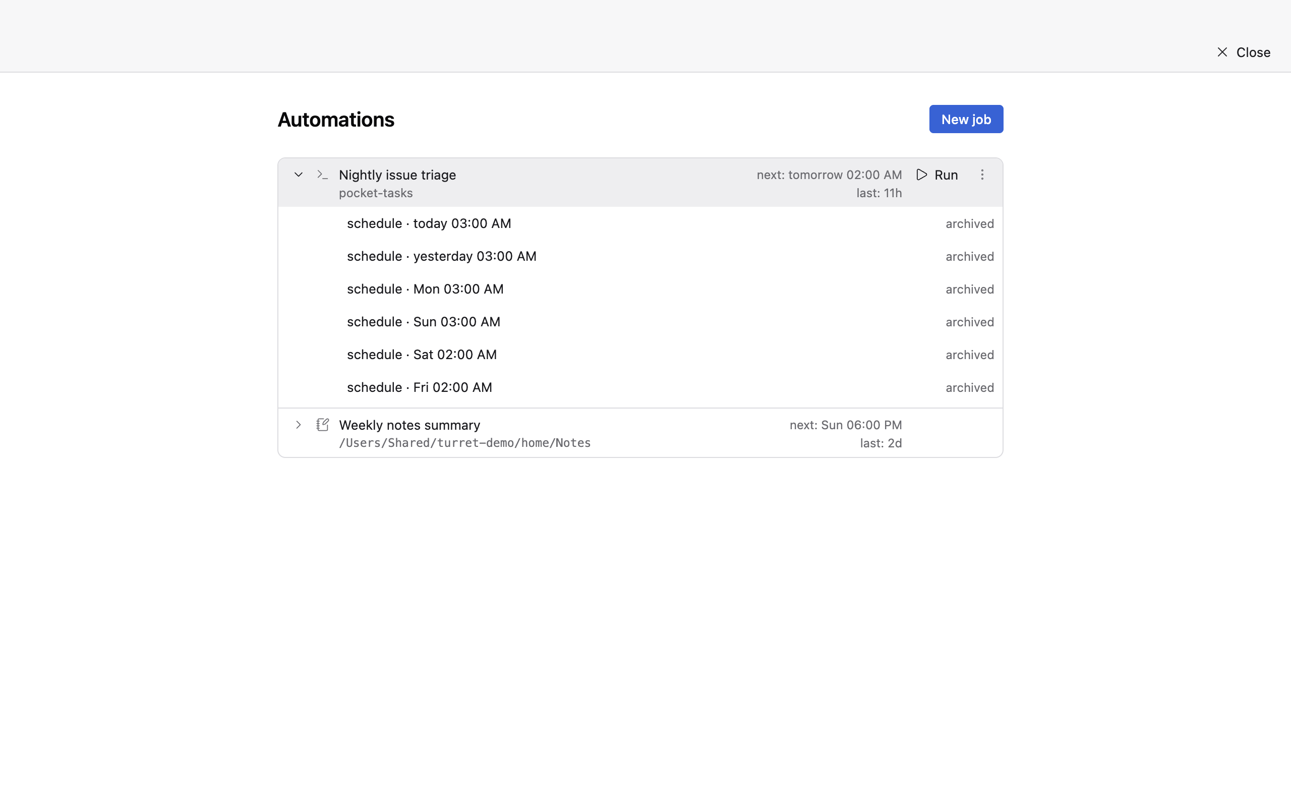 An automation's run history with several runs