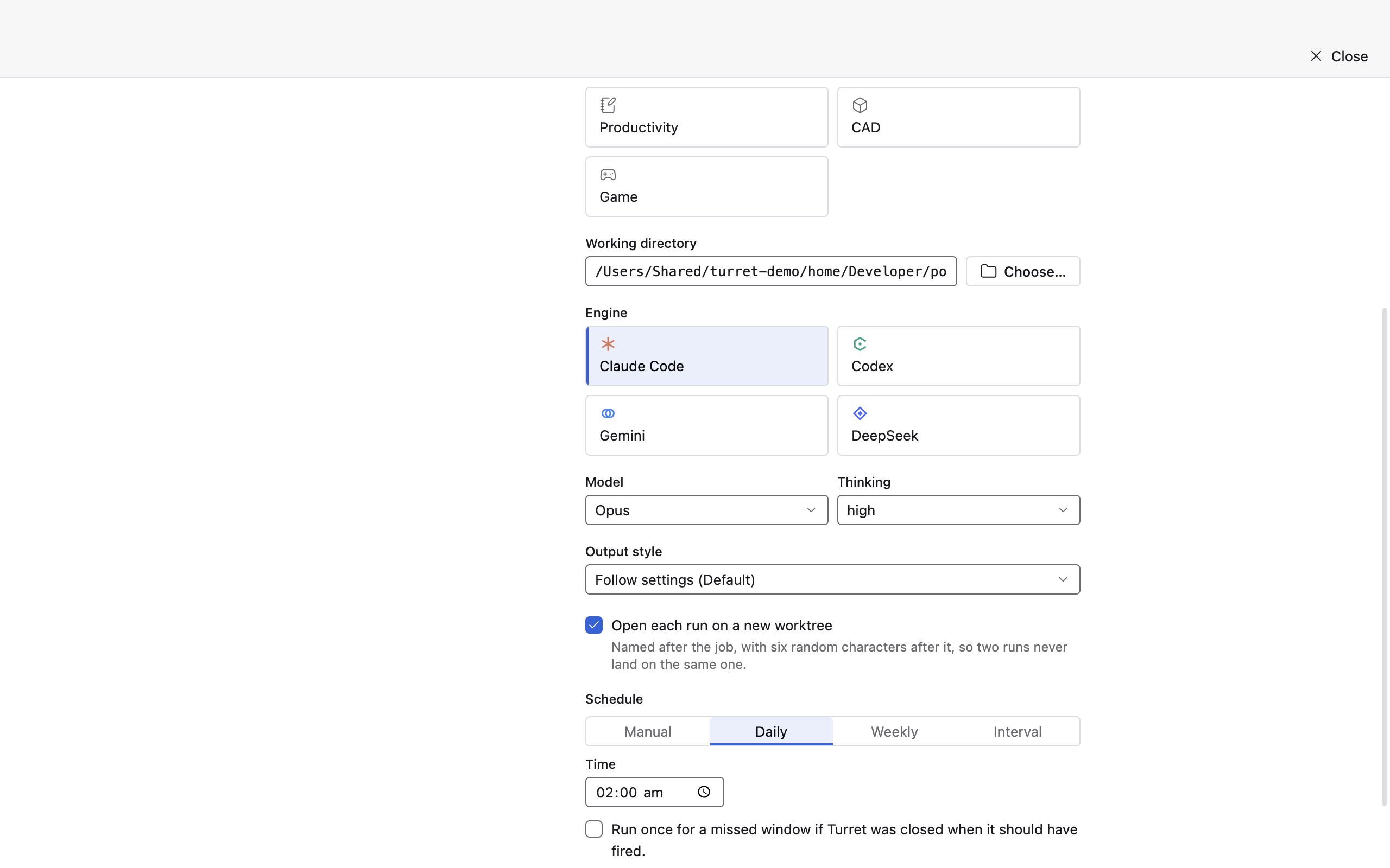 The new-job editor filled in with a Daily schedule and the worktree box ticked