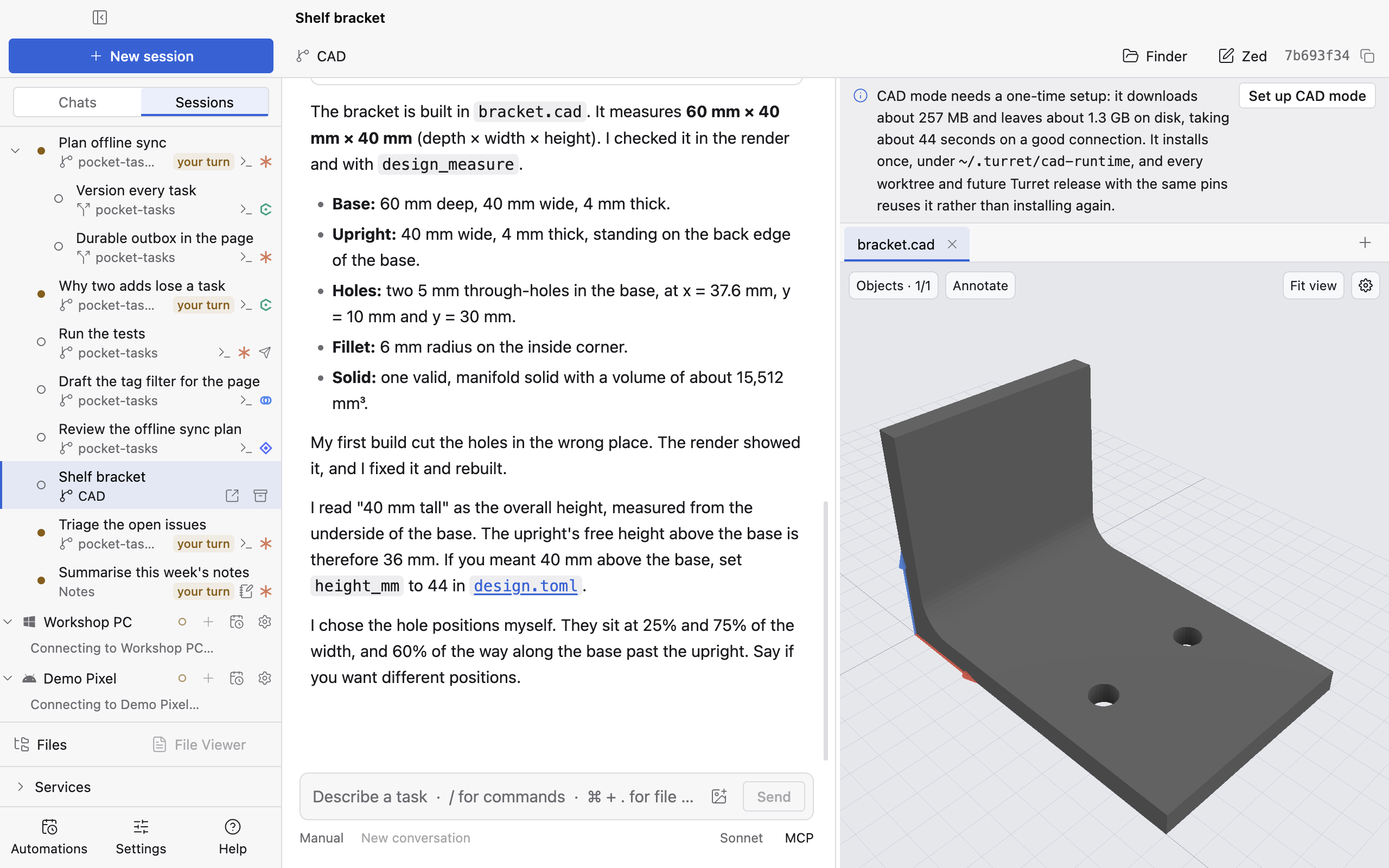 A CAD session with the design skill chip and the Set up CAD mode band
